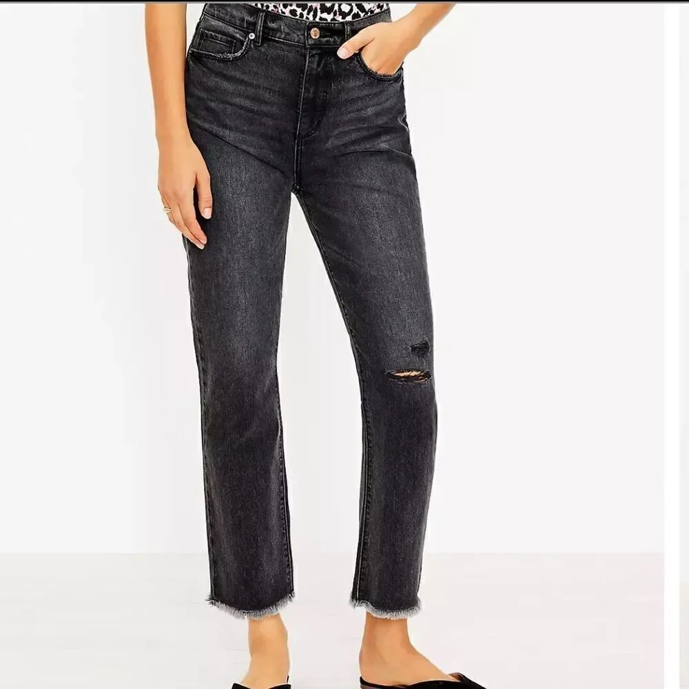 Loft | Destructed High Rise Straight Crop Jeans in Washed Black | 10